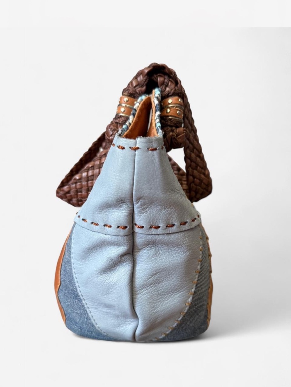 The SAK Indio Leather &
Denim Patchwork Satchel Boho Purse Hobo Shoulder Bag - Picture 4 of 8